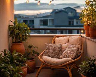 Balcón decorado con sillón rattan, almohadones, luces cálidas y macetas en patio interior patagónico