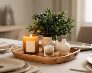 Centro de mesa con vela aromática, bandeja de madera y planta artificial sobre mesa de comedor