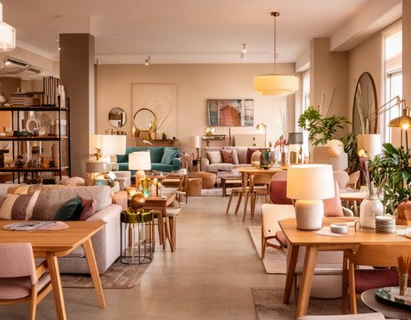 Interior del showroom de Gatica & Giménez Muebles en Pico Truncado con muebles exhibidos, accesorios decorativos y ambiente cálido patagónico