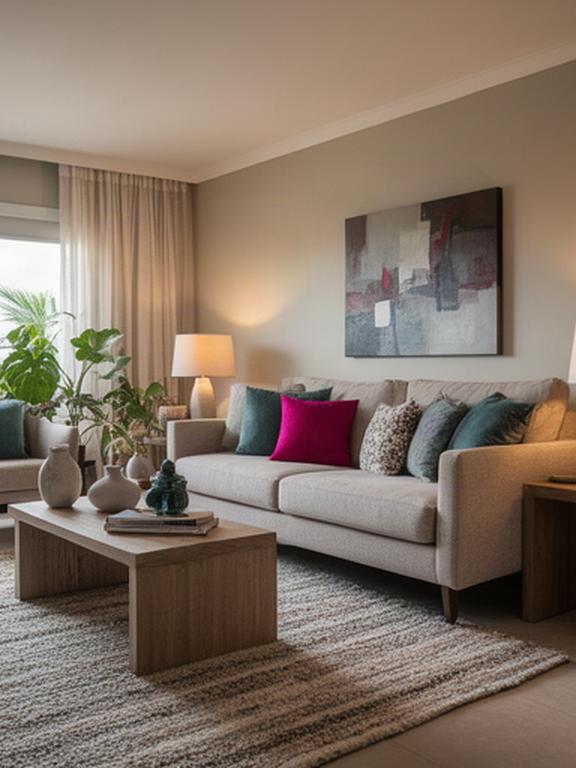 Living moderno con muebles contemporáneos, alfombra texturizada y decoración en tonos neutros en un hogar de Pico Truncado