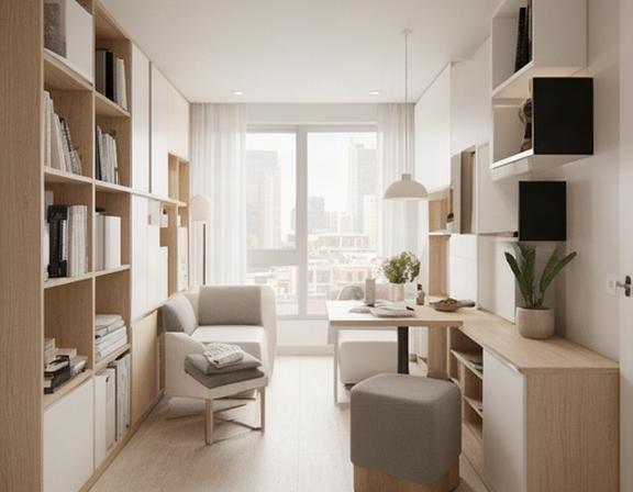 Primer departamento equipado con muebles modulares, estantería versátil y decoración minimalista en Pico Truncado