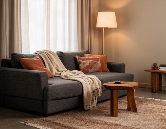 Sala de estar renovada con sillón modular gris, almohadones decorativos, mesa auxiliar de madera y lámpara de pie en hogar patagónico